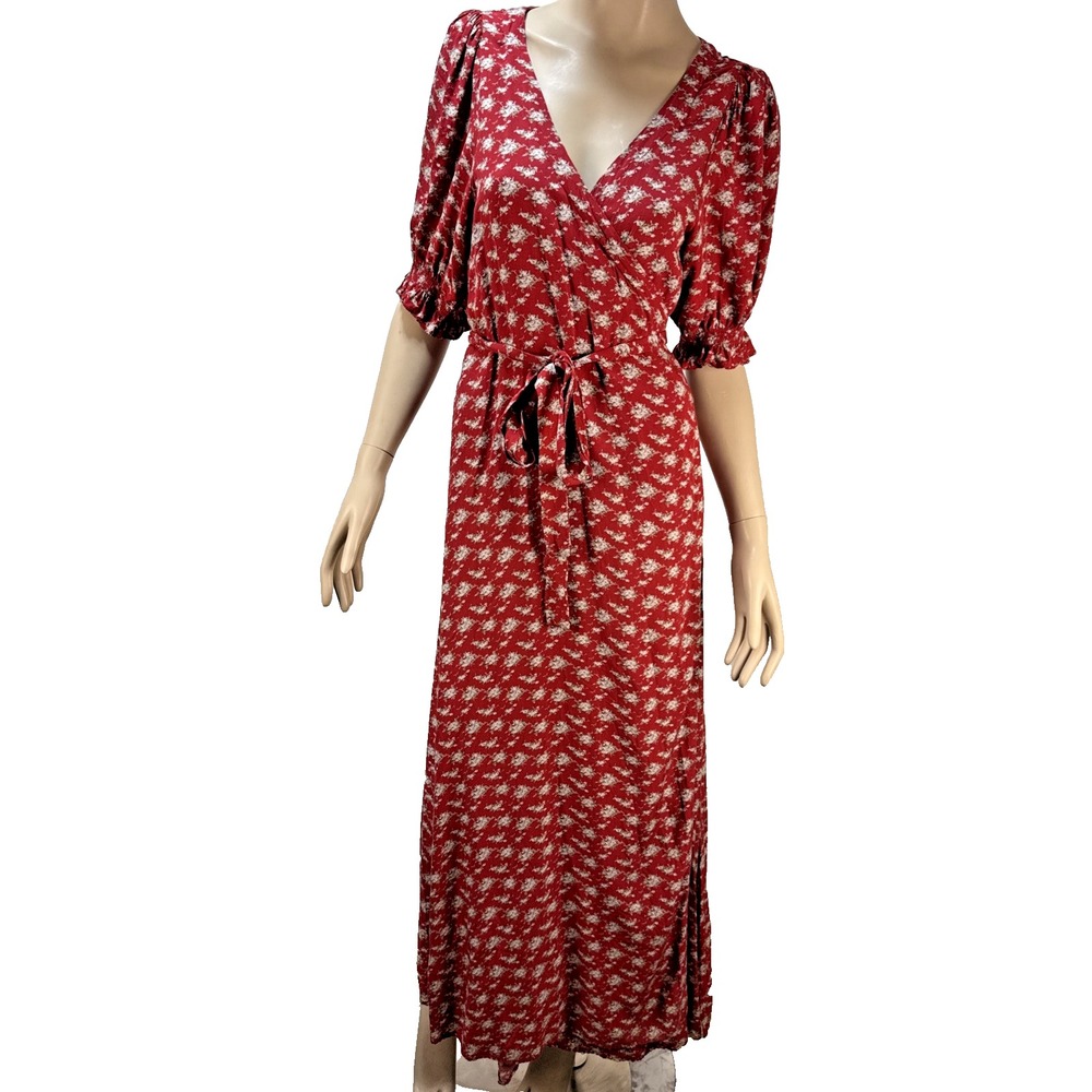 Natural Life Sophia Wrap Maxi Midi Dress Size L Red Floral Short Puff Sleeve